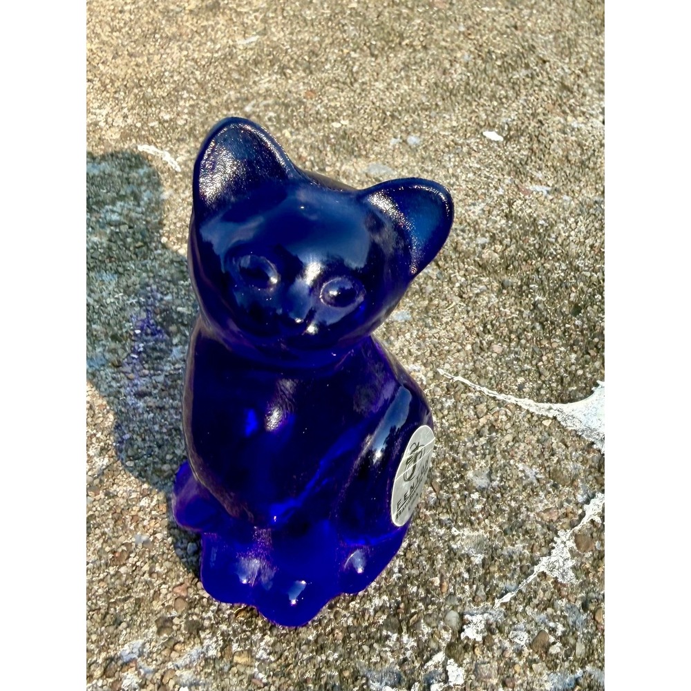 Fenton Art Glass Cobalt Blue Cat Figurine Sitting Kitten Paperweight USA Made